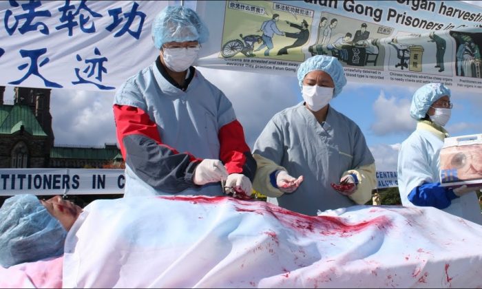 Simulace násilného odběru orgánů živým následovníkům Falun Gongu. (zdroj: minghui.tv)