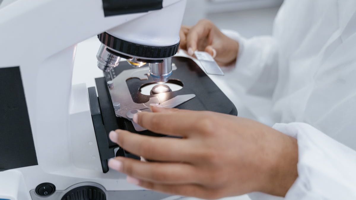 Obrázek ukazuje detailní pohled na osobu používající mikroskop v něčem, co vypadá jako laboratorní prostředí. Jednotlivec má na sobě bílý laboratorní plášť a jeho ruce jsou viditelné, přičemž jednou rukou nastavuje stolek mikroskopu a druhou drží podložní sklíčko. Mikroskop je zaměřen na podložní sklíčko, které je zespodu osvětleno, což naznačuje, že osoba může zkoumat vzorek, jako jsou buňky nebo mikroorganismy. Pozadí je rozmazané, což naznačuje čisté, sterilní prostředí typické pro laboratoř s měkkým osvětlením a bílým nebo světlým prostředím. Mikroskop má různé nastavovací knoflíky a indikátor zvětšení, což zvýrazňuje jeho použití pro podrobné vědecké pozorování.
