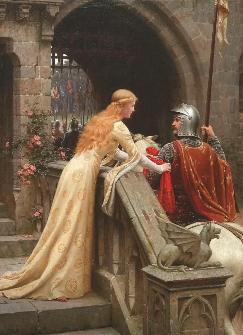 Edmund Leighton – God Speed: rytíř v brnění loučí se s ženou v šatech u hradní brány.
