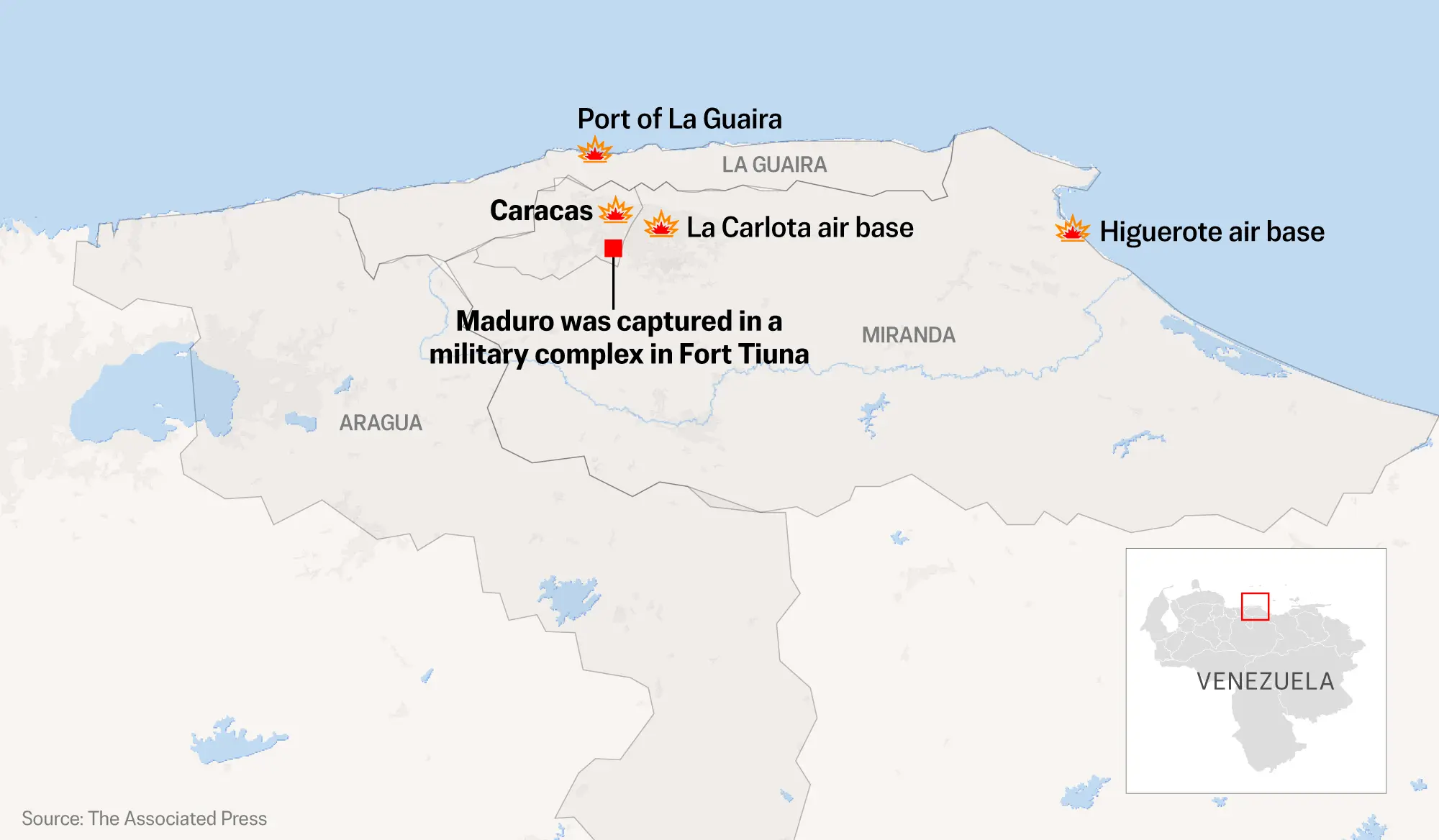 Tato ilustrace zobrazuje Caracas a státy, v nichž venezuelský režim uvedl, že před zajetím venezuelského vůdce Nicoláse Madura a jeho manželky 3. ledna 2025 došlo k americkým vojenským úderům. (Anika Arora Seth, Phil Holm via AP)