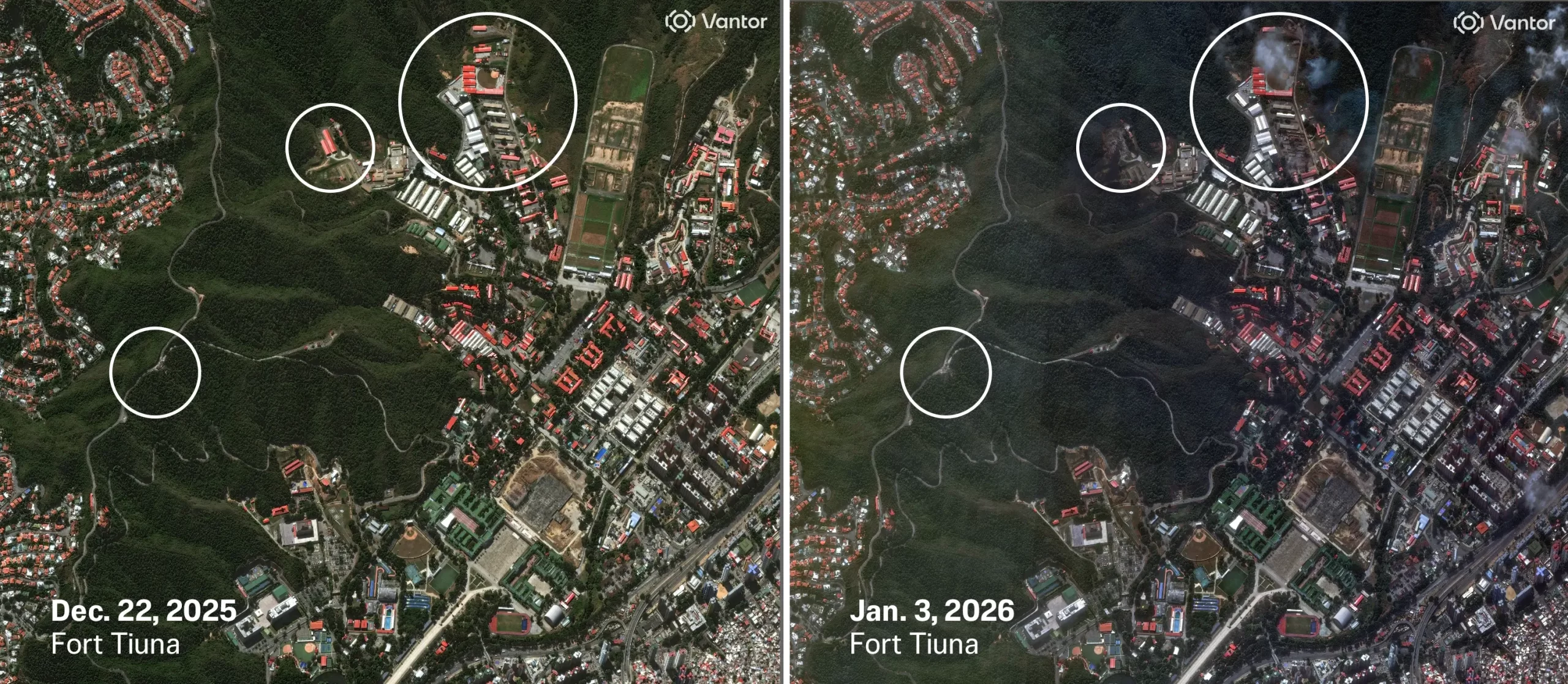 (Vlevo) Čtvrť Fuerte Tiuna v Caracasu ve Venezuele, dne 22. prosince 2025. (Vpravo) Stejná čtvrť po amerických úderech z 3. ledna 2026. Americké síly provedly zásah v Caracasu před úsvitem a zajaly při něm venezuelského vůdce Nicoláse Madura a jeho manželku Cilii Floresovou. Poté je přepravily do Spojených států, aby čelili federálním obviněním. (©2026 Vantor via AP)