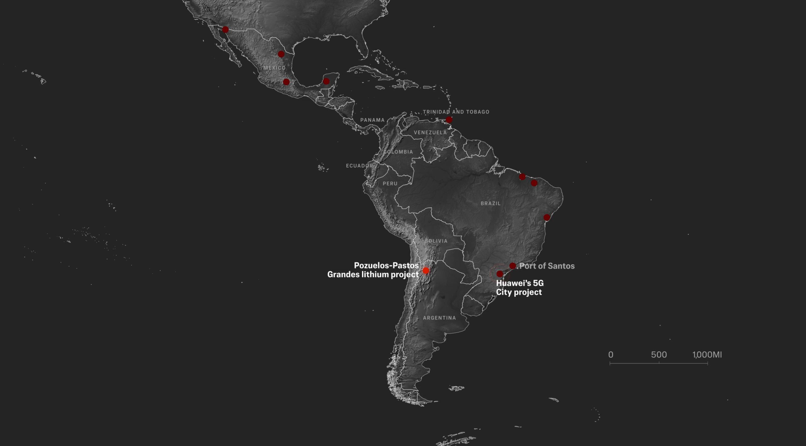 Mapa zachycující klíčové čínské infrastrukturní projekty v Latinské Americe na základě veřejných záznamů a informací z webových stránek čínské vlády nebo projektových stránek. Ilustrace: Epoch Times.